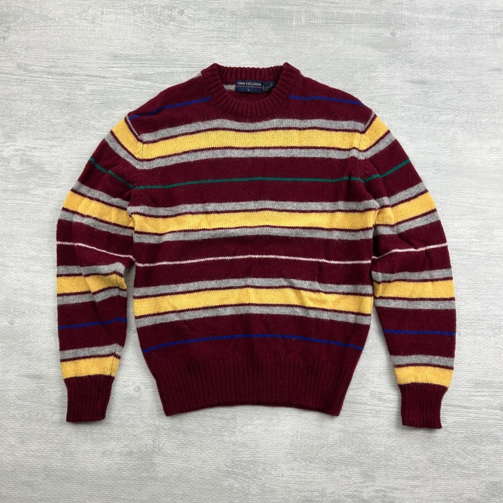 Vintage 80s Van Heusen Striped Wool Sweater Size Large Red Yellow Pull Over Boho